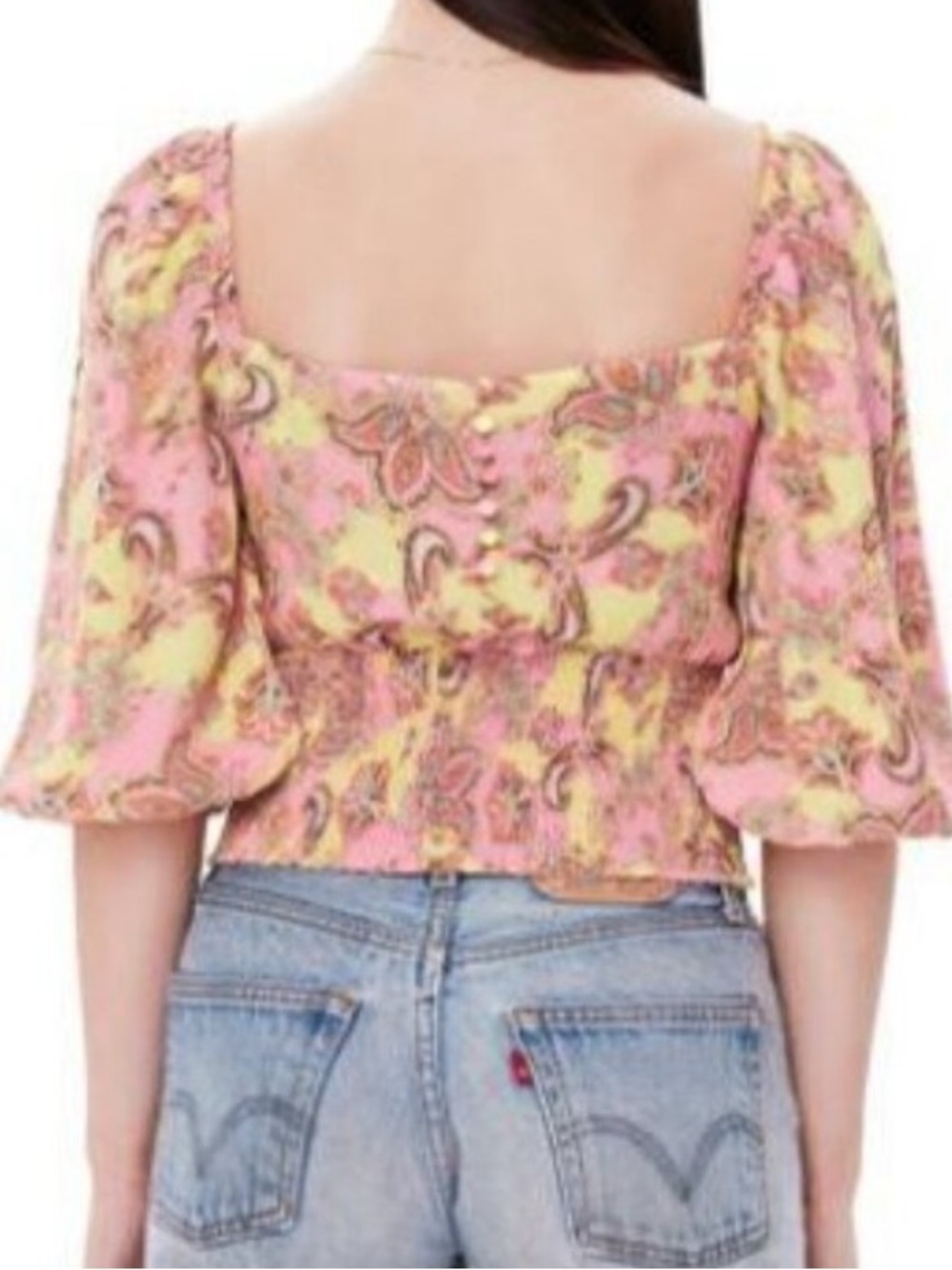 AFRM 3/4 Sleeve Smocked Crop Top with Button Back yellow/pink paisley print Sz S - Picture 8 of 9